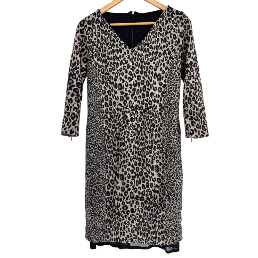 Max Mara Virgin‎ Wool Sheath Dress Leopard Print V Neck 3/4 Sleeve IT 46US 10